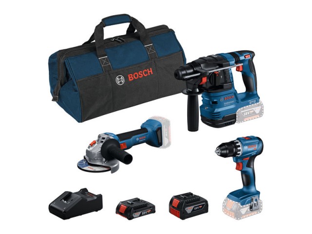 Komplet 3 orodij Bosch 18V: GSR 18V-45 + GBH 18V-22 + GWS 18V-8 + GBA 2.0 Ah + GBA 4.0 Ah + GAL 18V-40 + torba, 0615A50061
